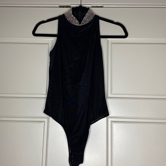 Kippy’s Swarovski Crystal Embellished Turtleneck Sleeveless Thong Bodysuit Sz M - Picture 1 of 8